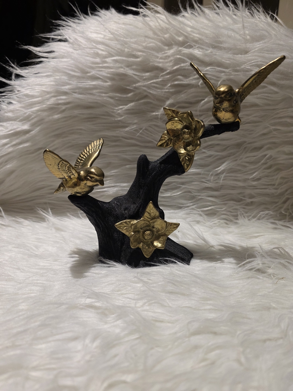 Gold Bird and Flower Accent Sculpture on Black Branch - Decorative Home Accent